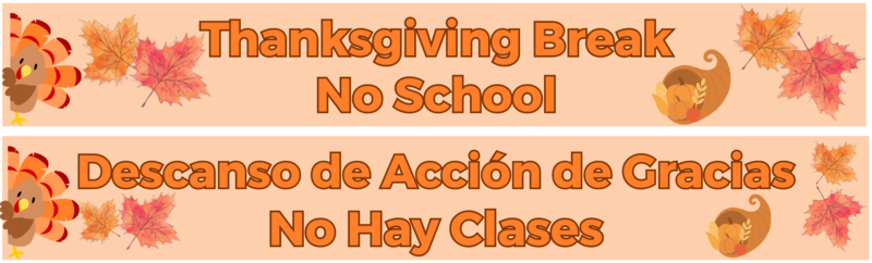Thanksgiving Break No School banners with cartoon turkey, fall leaves, and cornucopia