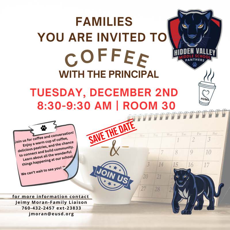 Flyer about Coffee with the Principal, Dec. 2, 8:30–9:30 AM, Room 30.
