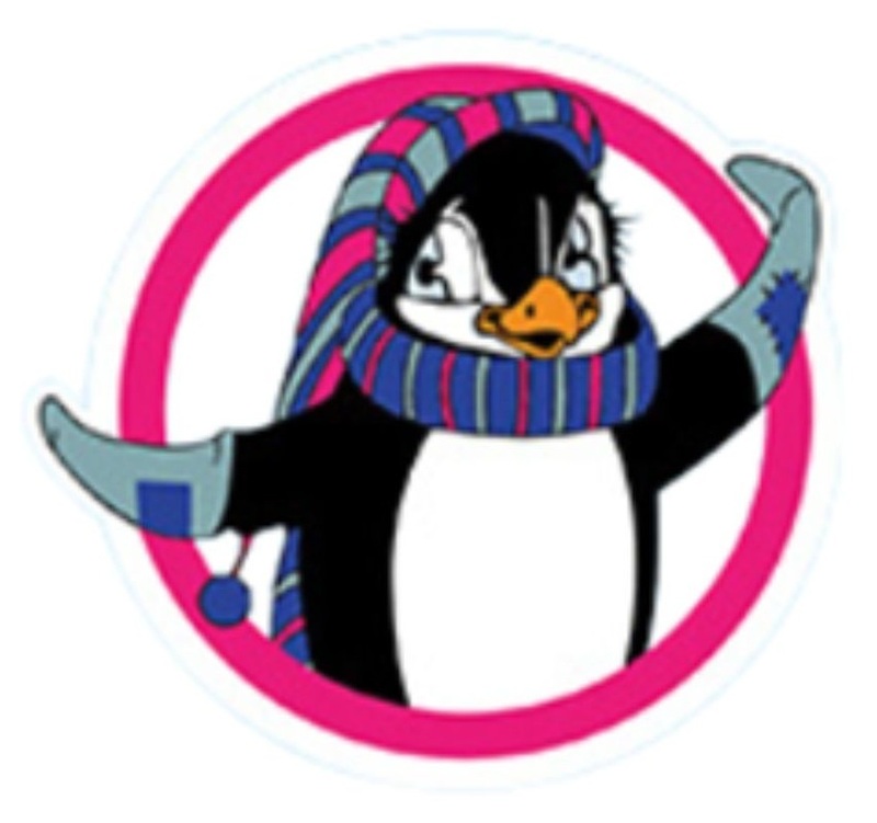A cartoon penguin with a scarf and hat