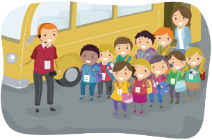 A group of children standing next to a bus