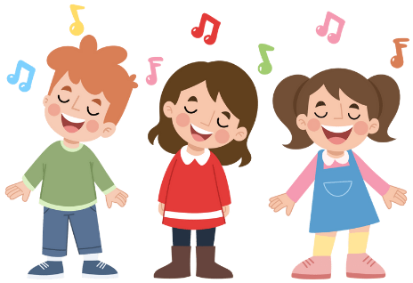 Three animated children joyfully singing with colorful musical notes above them.