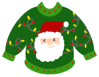 Green Christmas sweater with Santa face and colorful lights.