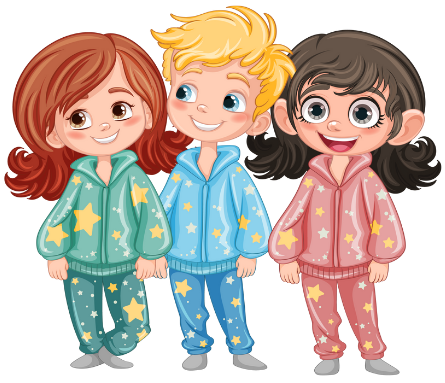 Three animated children wearing star-patterned pajamas.