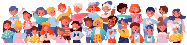 Illustration of diverse, smiling children in colorful outfits standing together.