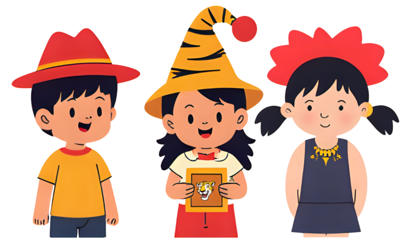Three cartoon children in colorful outfits and hats, each with a happy expression.