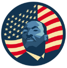 Circular artwork featuring Martin Luther King Jr. in a blue-toned portrait, with a backdrop of the U.S. flag's stars and stripes.