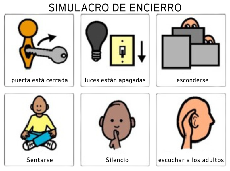 A visual guide for a lockdown drill with six steps: locking the door, turning off lights, hiding, sitting calmly, staying quiet, & listening to adults. Each step has an illustration, such as a key in a lock, a light switch, and a child sitting quietly.