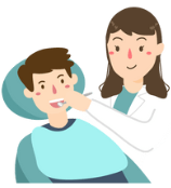 Cartoon illustration of a dentist examining a patient's teeth in a dental chair.