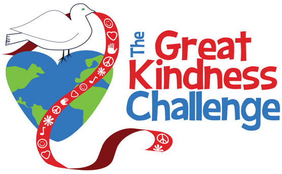 A white dove holding a red ribbon decorated with peace signs and hearts, perched on a heart-shaped globe. The text "The Great Kindness Challenge" is written in bold red and blue letters