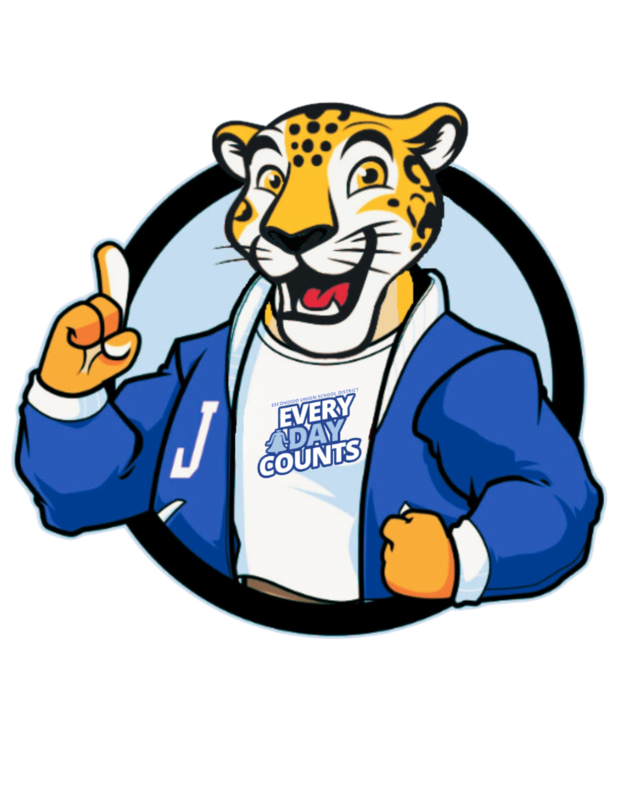 Cartoon jaguar character wearing a blue jacket raising its index finger with the text Every Day Counts on it's shirt