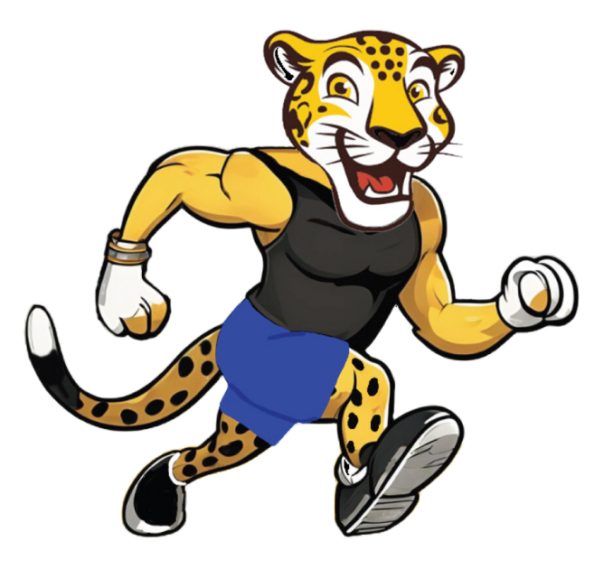 A cartoon jaguar character runs energetically, wearing a black tank top, blue shorts, sneakers, and white gloves. It has a wide grin and a spotted tail.