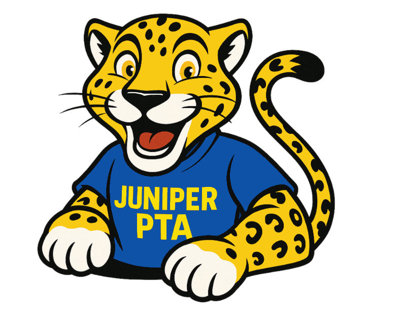 A cartoon of a Jaguar wearing a blue Juniper PTA shirt