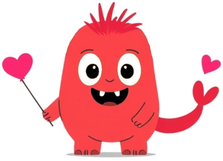 A cute red cartoon monster holding a stick with a pink heart.