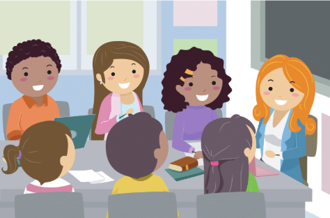 A diverse group of cartoon adults siting around a table, attentively listening to a smiling teacher with orange hair.