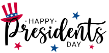 Happy Presidents Day text with a patriotic top hat and red and blue stars.