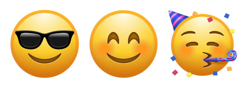 Three emojis: one with sunglasses, one smiling with eyes closed, and one in a party hat blowing a horn with confetti.