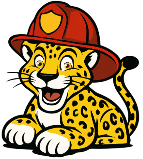 Cartoon Jaguar wearing a red firefighter helmet, smiling widely.
