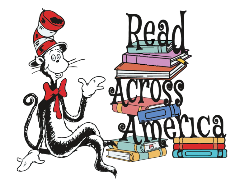 Cat in the hat with books with the words Read Across America
