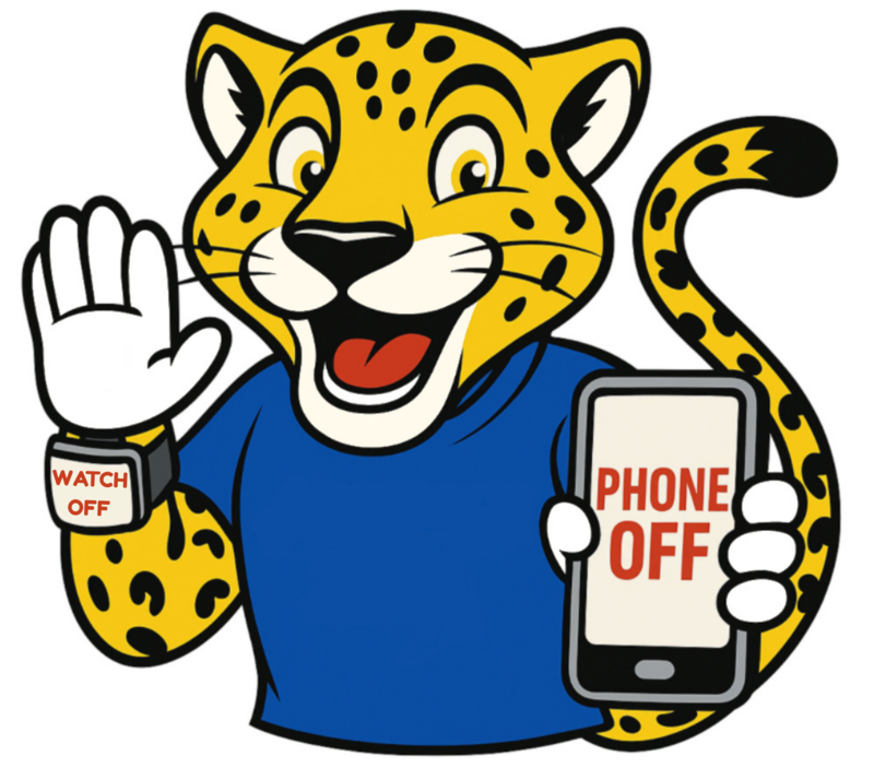 Cartoon jaguar with a blue shirt holding a phone showing "PHONE OFF" and a watch displaying "WATCH OFF" text.
