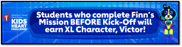 Kids Heart Challenge banner with text about completing Finn's Mission to earn character Victor