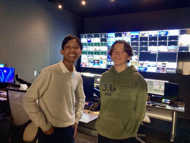 Two Bear Valley Middle TV Team students pose in the Technology Room.