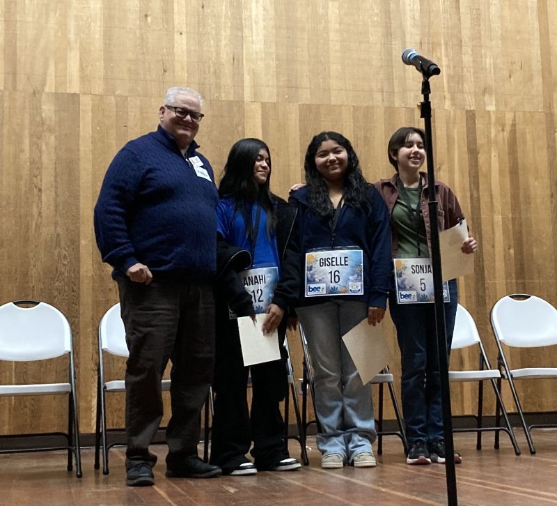 Hidden Valley Middle School students, Champion Sonja Bolen, and Runner-up, Giselle Davila pose.