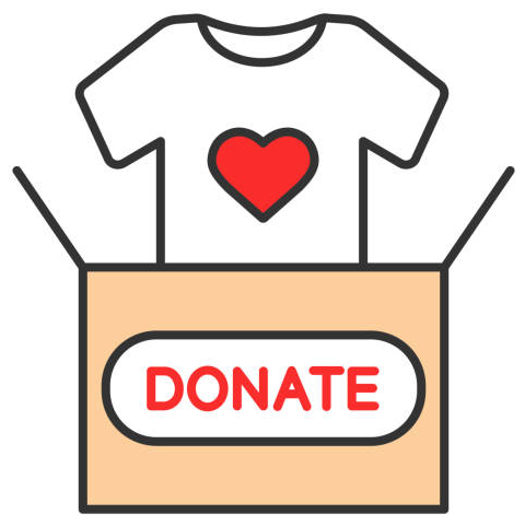 An open box with a T-shirt showing a red heart, labeled "DONATE."