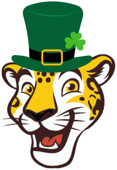 A smiling cartoon jaguar wearing a green top hat with a shamrock