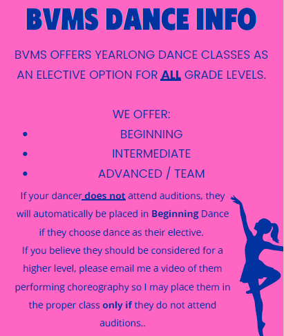 Poster for BVMS Dance Team Auditions with event details on a pink background and dancer silhouettes.