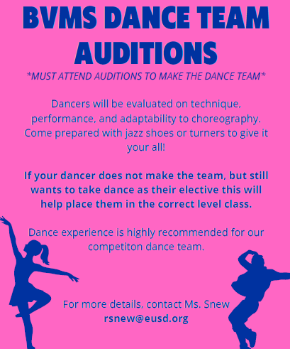 Poster for BVMS Dance Team Auditions with event details on a pink background and dancer silhouettes.