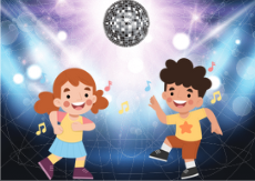 A cartoon of kids dancing under a disco ball