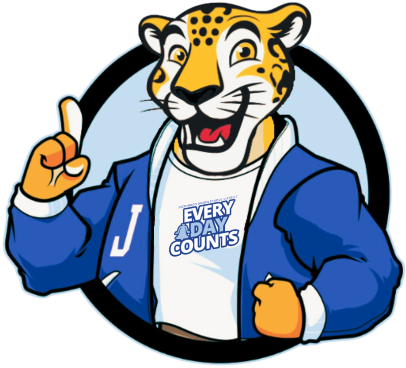 Cartoon jaguar character wearing a blue jacket raising its index finger with the text Every Day Counts on it's shirt