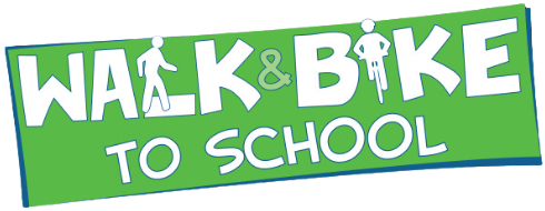 Banner with "Walk & Bike to School" on a green background, featuring walking and biking icons.