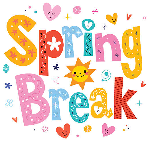Colorful illustration of the words "Spring Break" with decorative letters and a smiling sun.