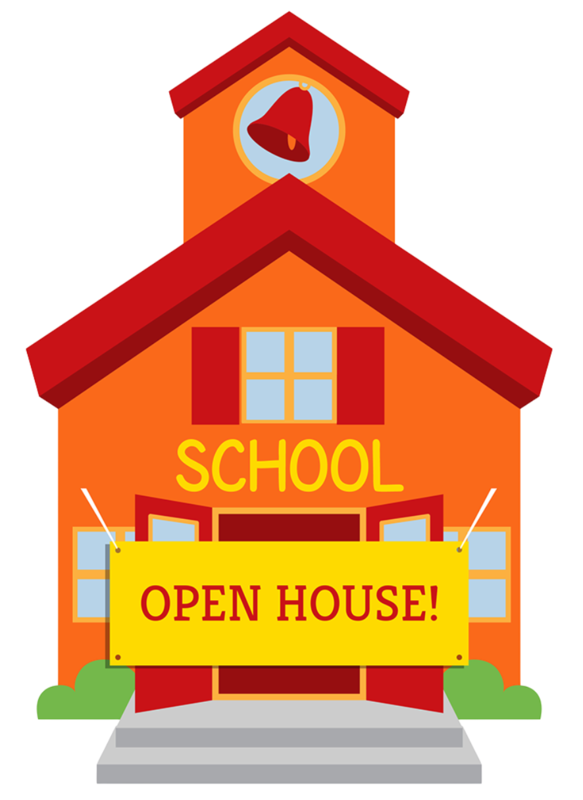 A school building with a bell and a banner reading "OPEN HOUSE!"