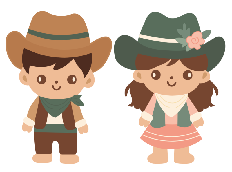 Cartoon cowboy and cowgirl in Western attire standing side by side.