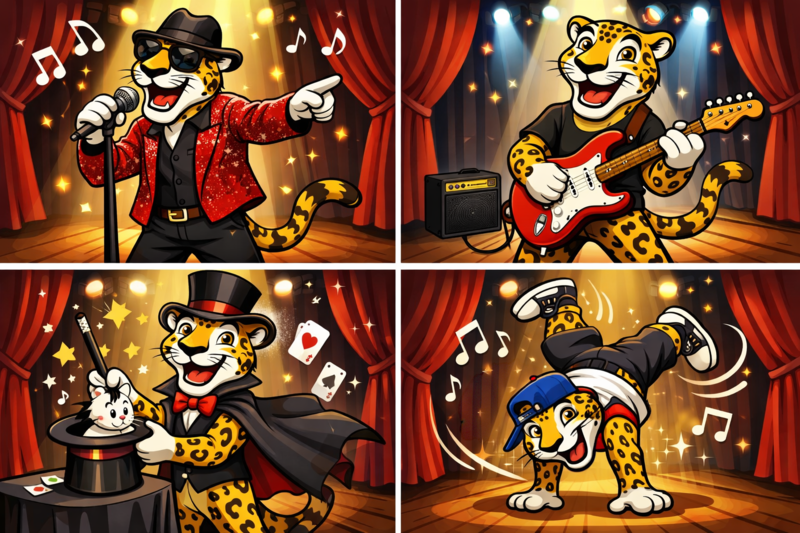A cartoon jaguar performing as a singer, guitarist, magician, and breakdancer on stage with red curtains and spotlights.