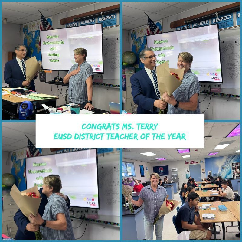 Teacher Amber Terry is presented with flowers as she's recognized as EUSD District Teacher of the Year.