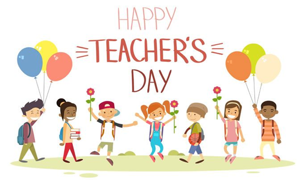 Children celebrating Happy Teacher's Day with balloons and flowers