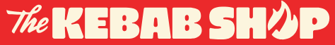 Logo of "The Kebab Shop" on a red background with cream letters and a flame graphic.