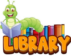 Cheerful green bookworm reading a book above the word 'Library' in big, rounded orange letters, set against a background of colorful books.