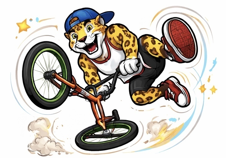 An animated jaguar performs a trick on a bicycle, wearing a blue cap and red sneakers.