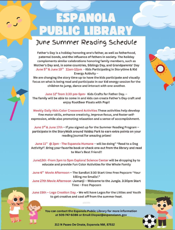 The Espanola Public Library has great offerings this summer! Let's support our local agencies.