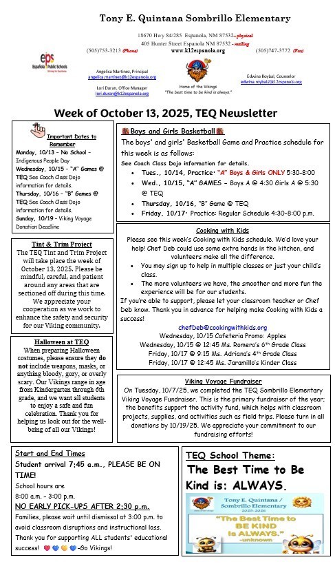 TEQ Newsletter & Flyers Week of 10/13/25