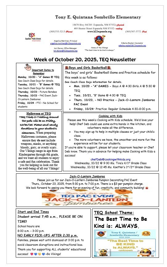 TEQ Newsletter & Flyers Week of 10/20/25