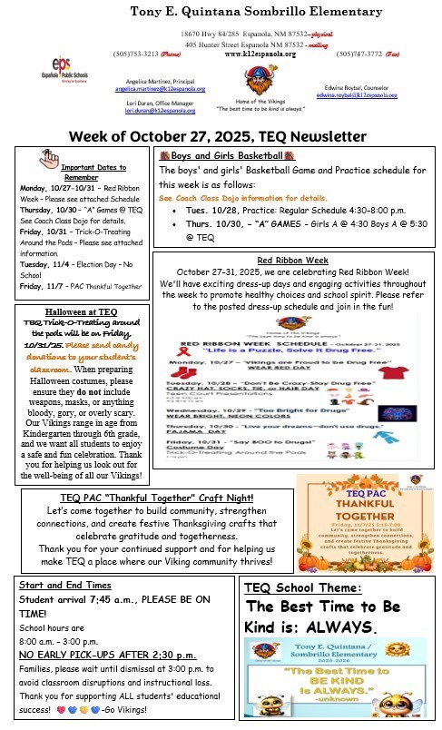 TEQ Newsletter & Flyers Week of 10/27/25