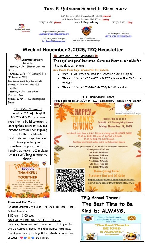 TEQ Newsletter & Flyers Week of 11/3/25