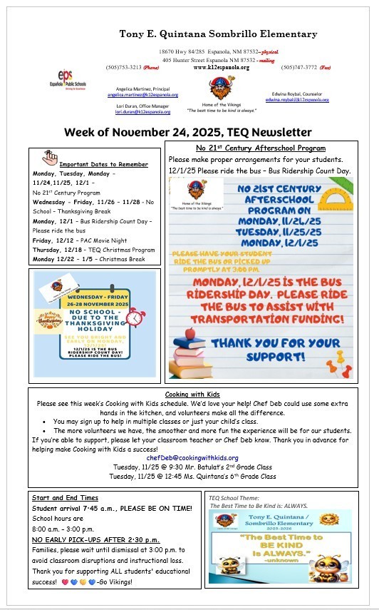 TEQ Newsletter & Flyers Week of 11/24/25
