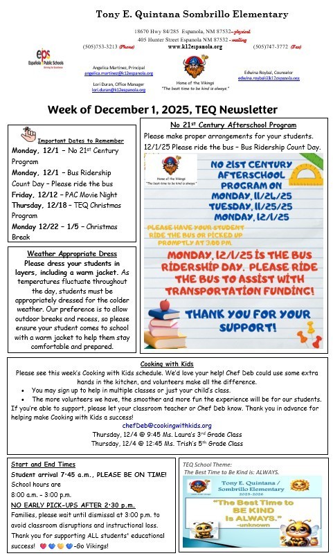 TEQ Newsletter & Flyers Week of 12/1/25