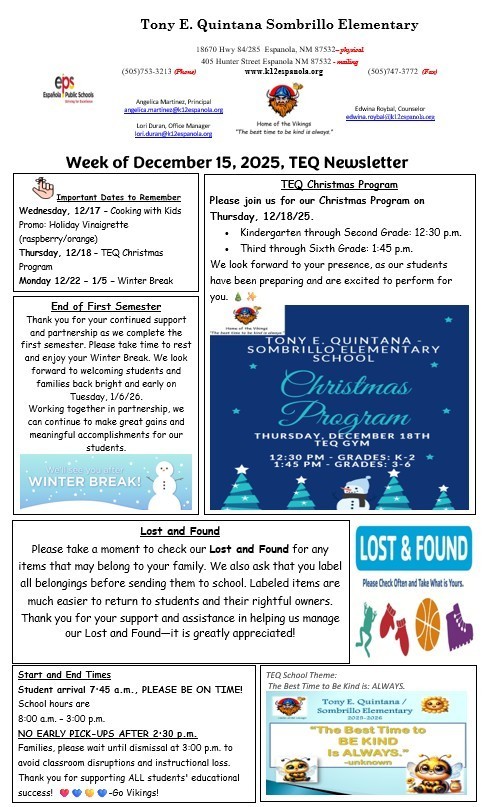 TEQ Newsletter & Flyers Week of 12/15/25